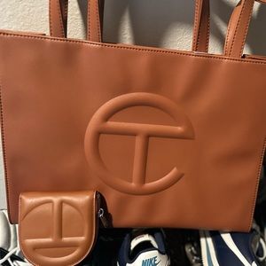Telfar Brown Leather Logo Tote with Matching Coin Pouch